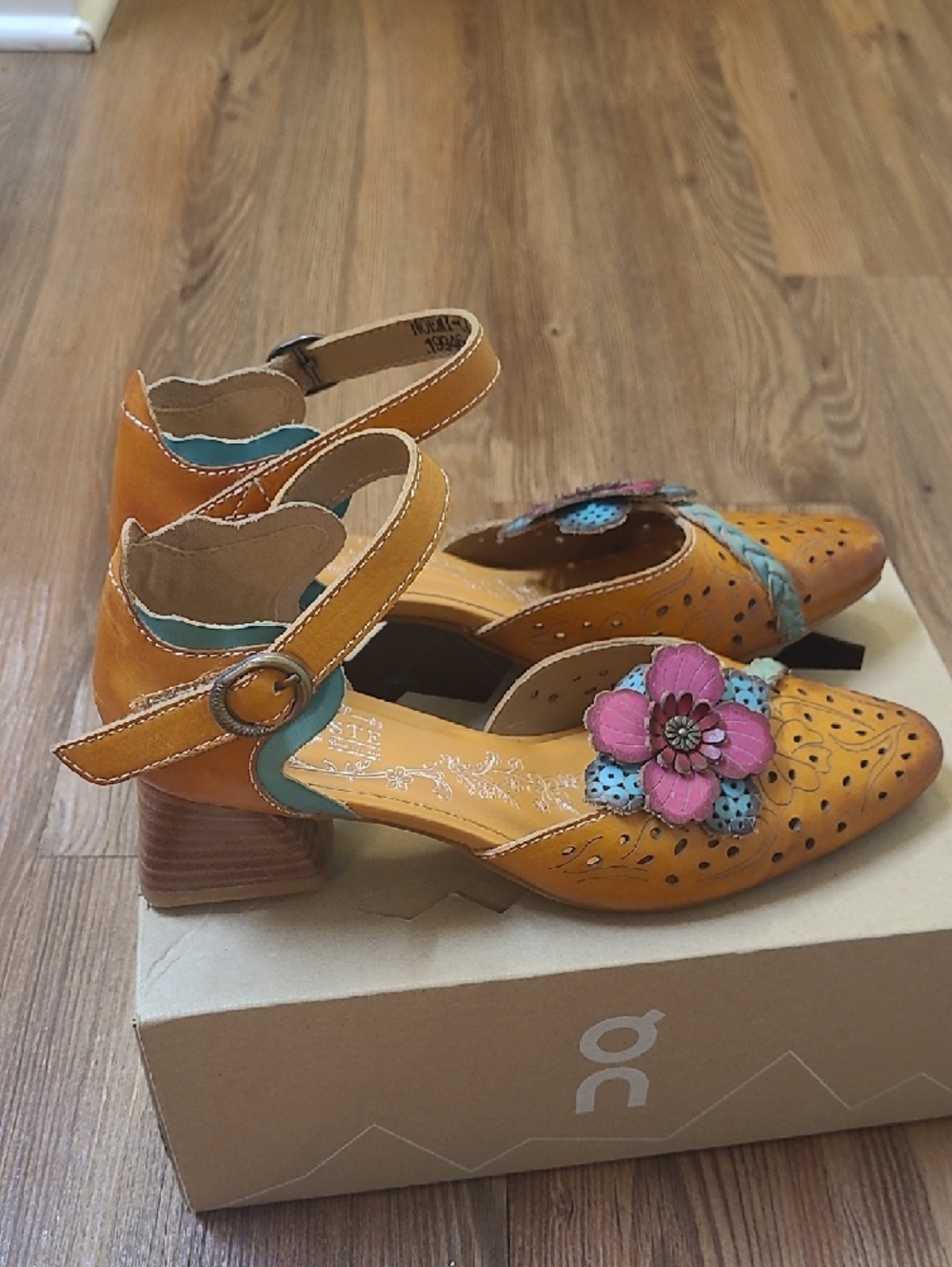 L'ATISTE Tan Leather Ankle-Strap Heels with Pink and Teal Floral Accents - Picture 7 of 14